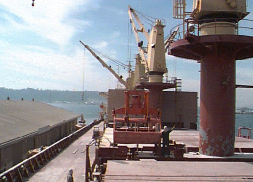 A cargo ship's cranes