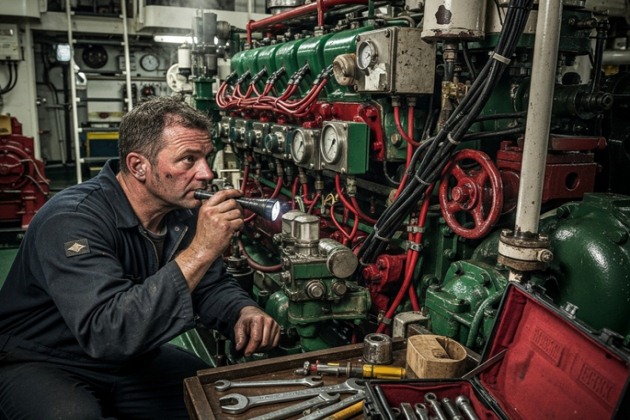 Моторист проводит осмотр двигателя