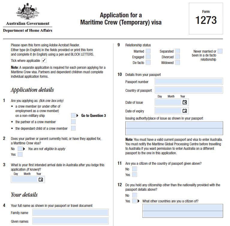 Форма 1273 для визы в Австралию